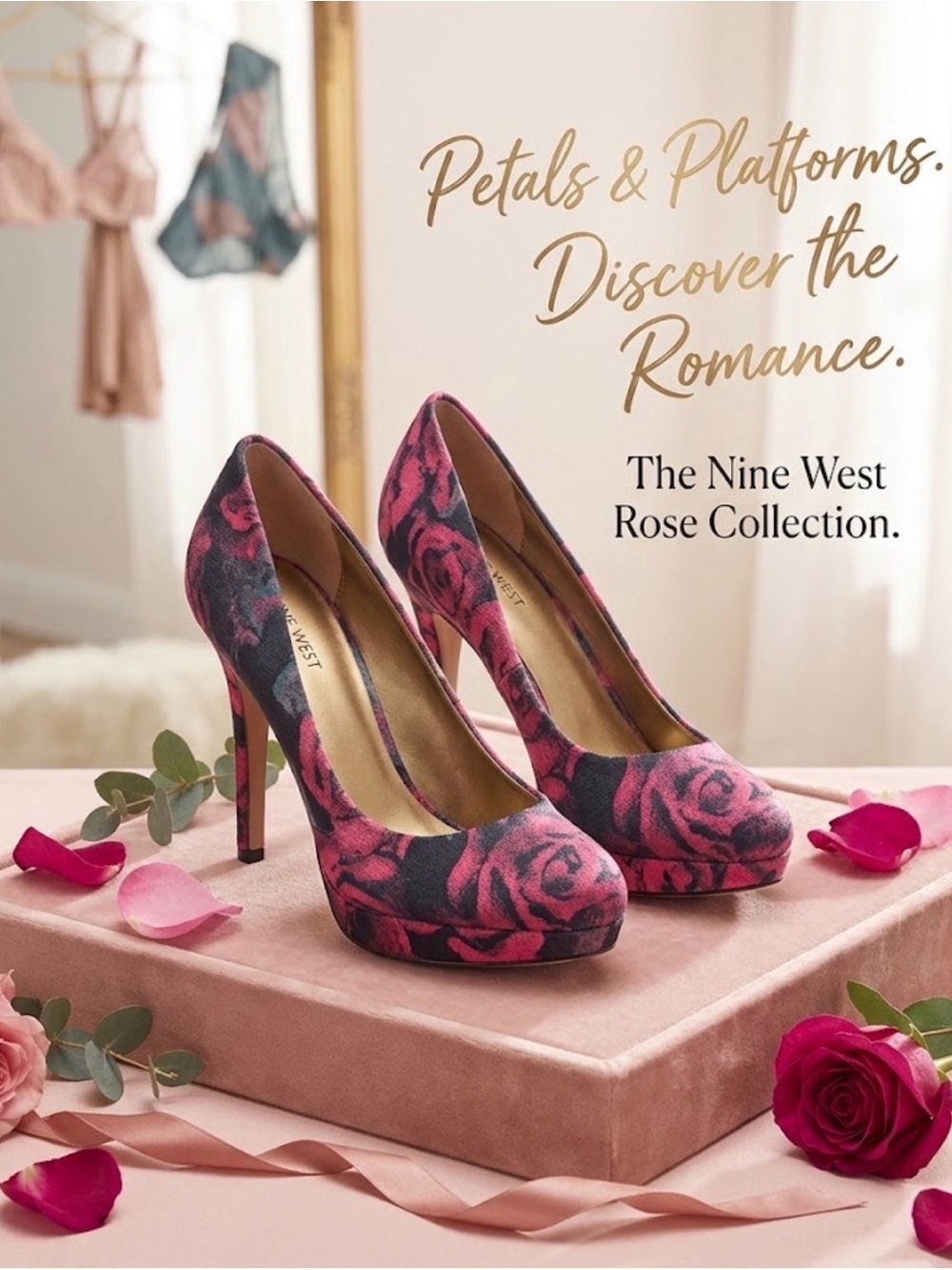 💕Nine West Pink and Black Rose Pattern Platform Pumps